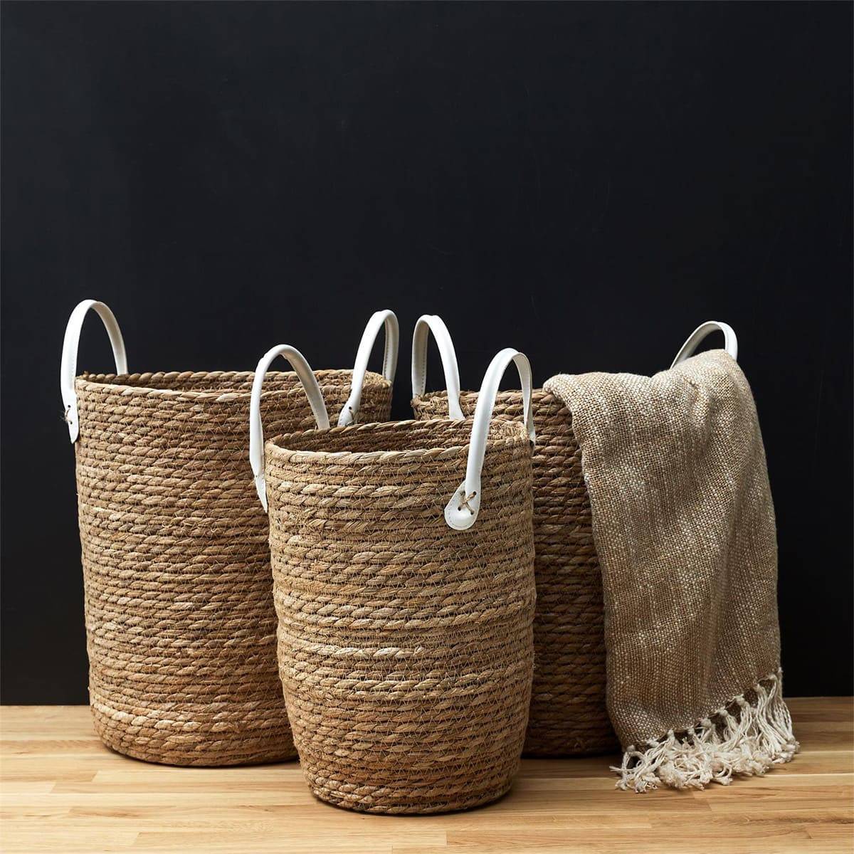 Lot de 3 Paniers Tressés Coloris Naturel avec Anses en Simili Cuir Blanc - LORINE - Image 3
