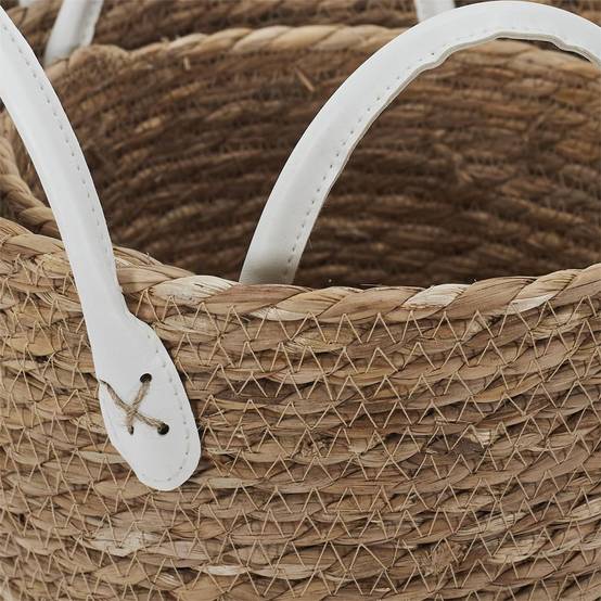 Lot de 3 Paniers Tressés Coloris Naturel avec Anses en Simili Cuir Blanc - LORINE - Image 8