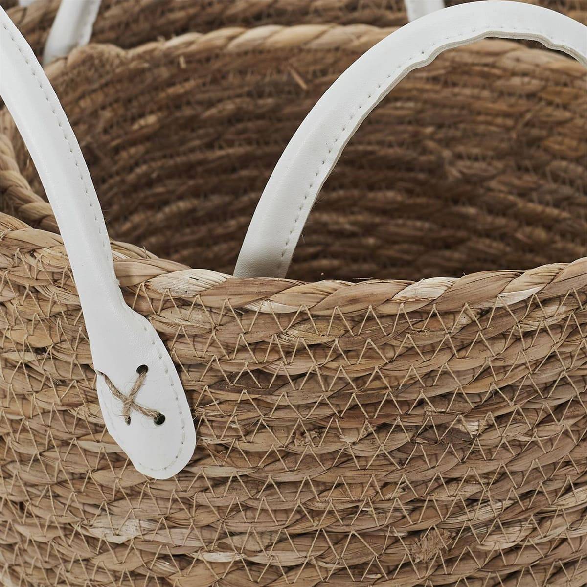 Lot de 3 Paniers Tressés Coloris Naturel avec Anses en Simili Cuir Blanc - LORINE - Image 8