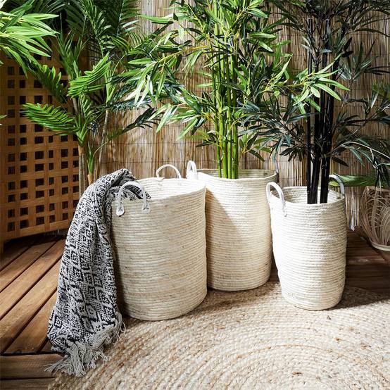 Lot de 3 Paniers Tressés Coloris Naturel avec Anses en Simili Cuir Blanc - LORINE - Image 2