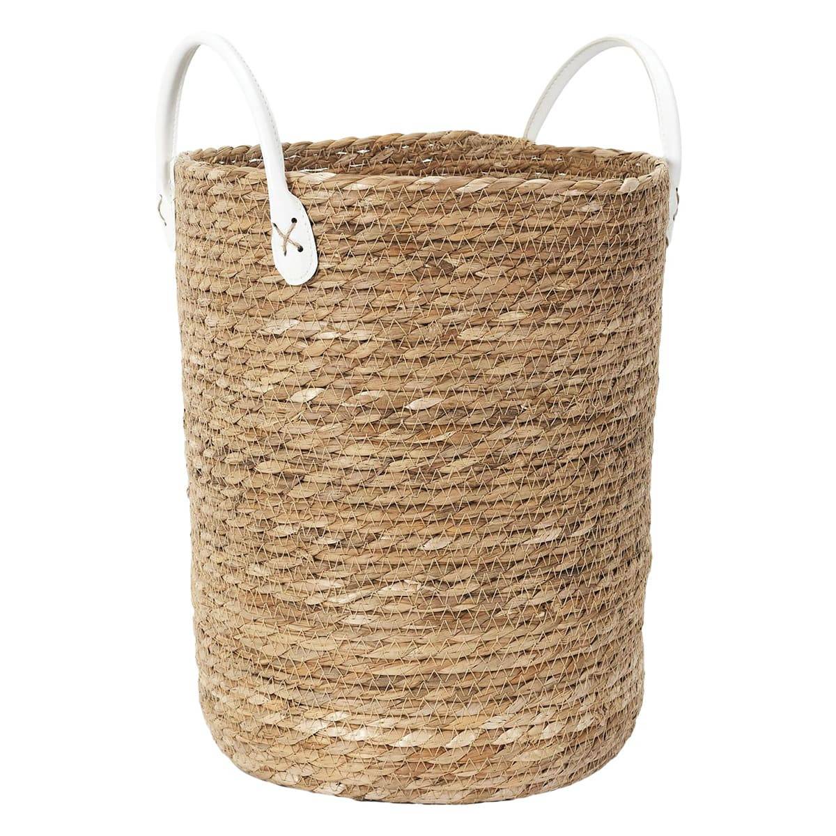 Lot de 3 Paniers Tressés Coloris Naturel avec Anses en Simili Cuir Blanc - LORINE - Image 4