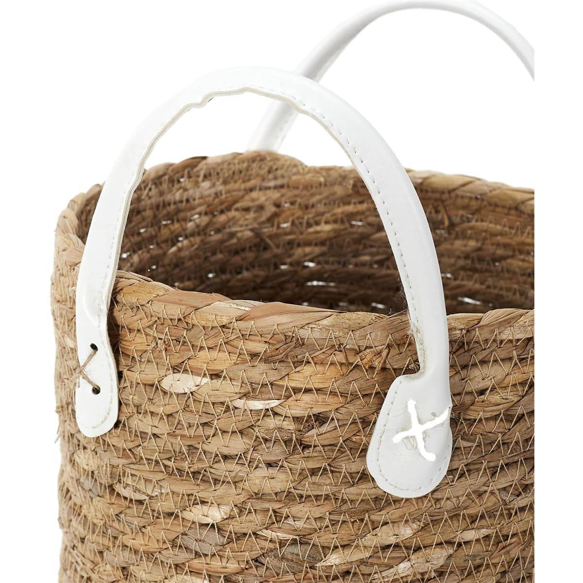 Lot de 3 Paniers Tressés Coloris Naturel avec Anses en Simili Cuir Blanc - LORINE - Image 7