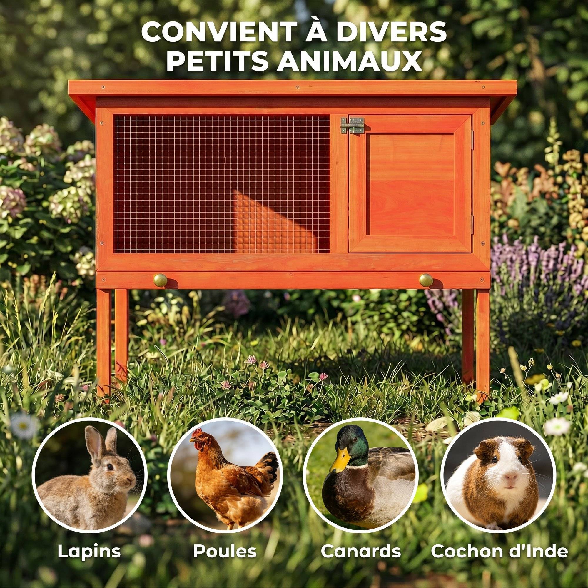 Clapier Lapin Extérieur en Bois, Toit Ouvrable en Asphalt et Plateau Coulissant, Design Surélevé, 90x45x65cm, Orange - Image 10