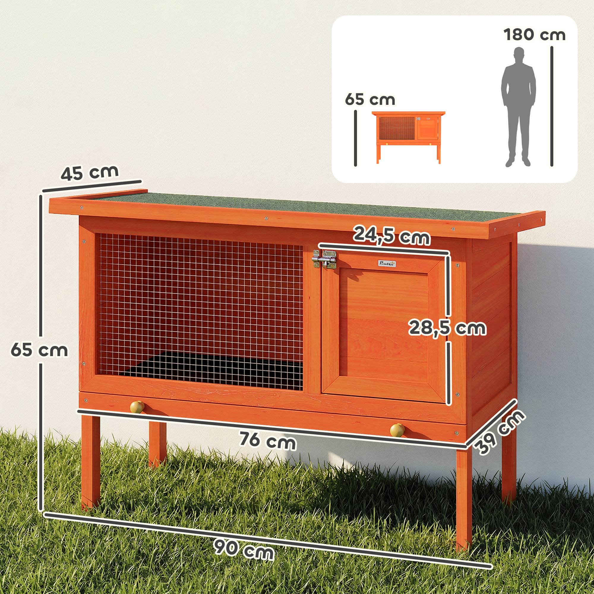 Clapier Lapin Extérieur en Bois, Toit Ouvrable en Asphalt et Plateau Coulissant, Design Surélevé, 90x45x65cm, Orange - Image 5