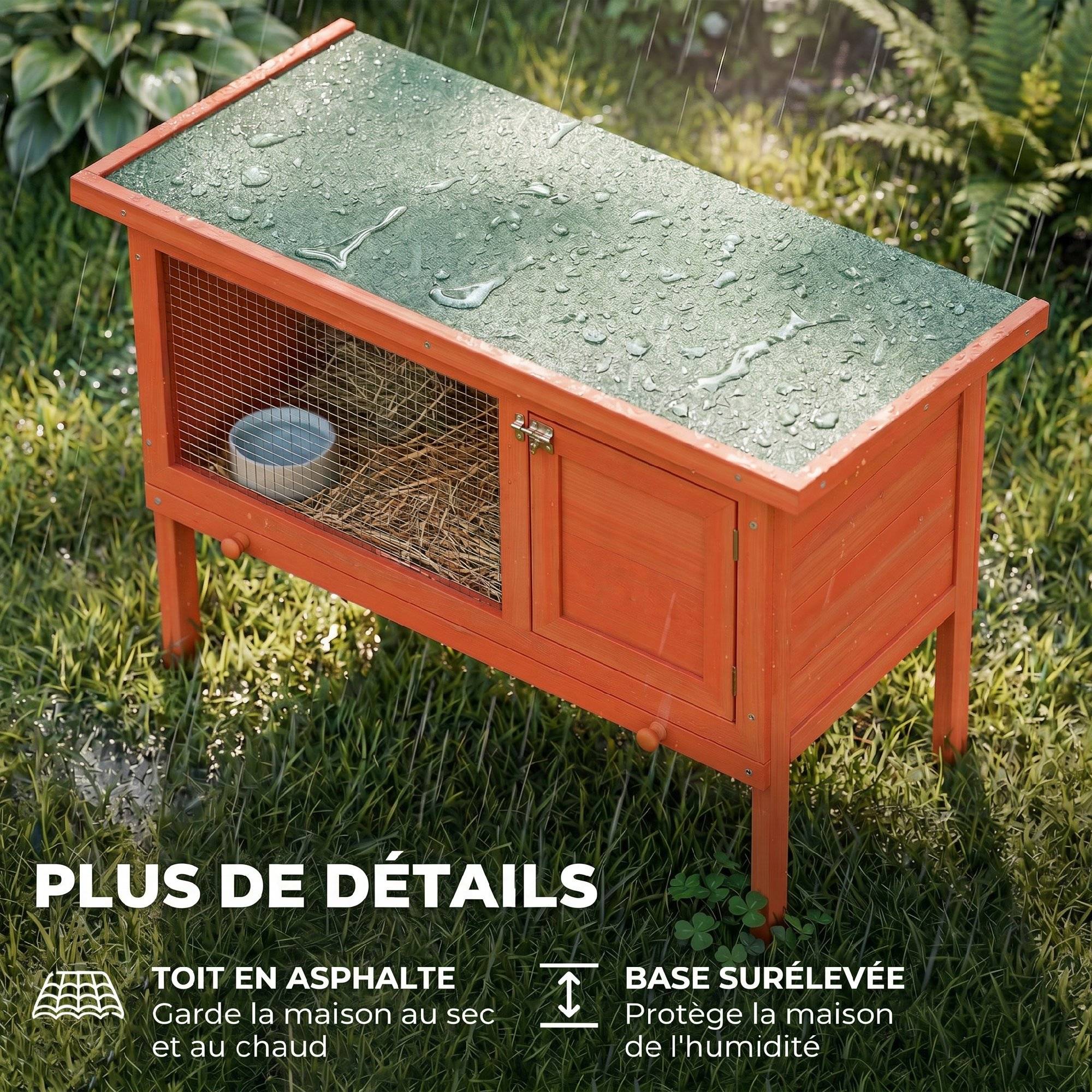 Clapier Lapin Extérieur en Bois, Toit Ouvrable en Asphalt et Plateau Coulissant, Design Surélevé, 90x45x65cm, Orange - Image 9