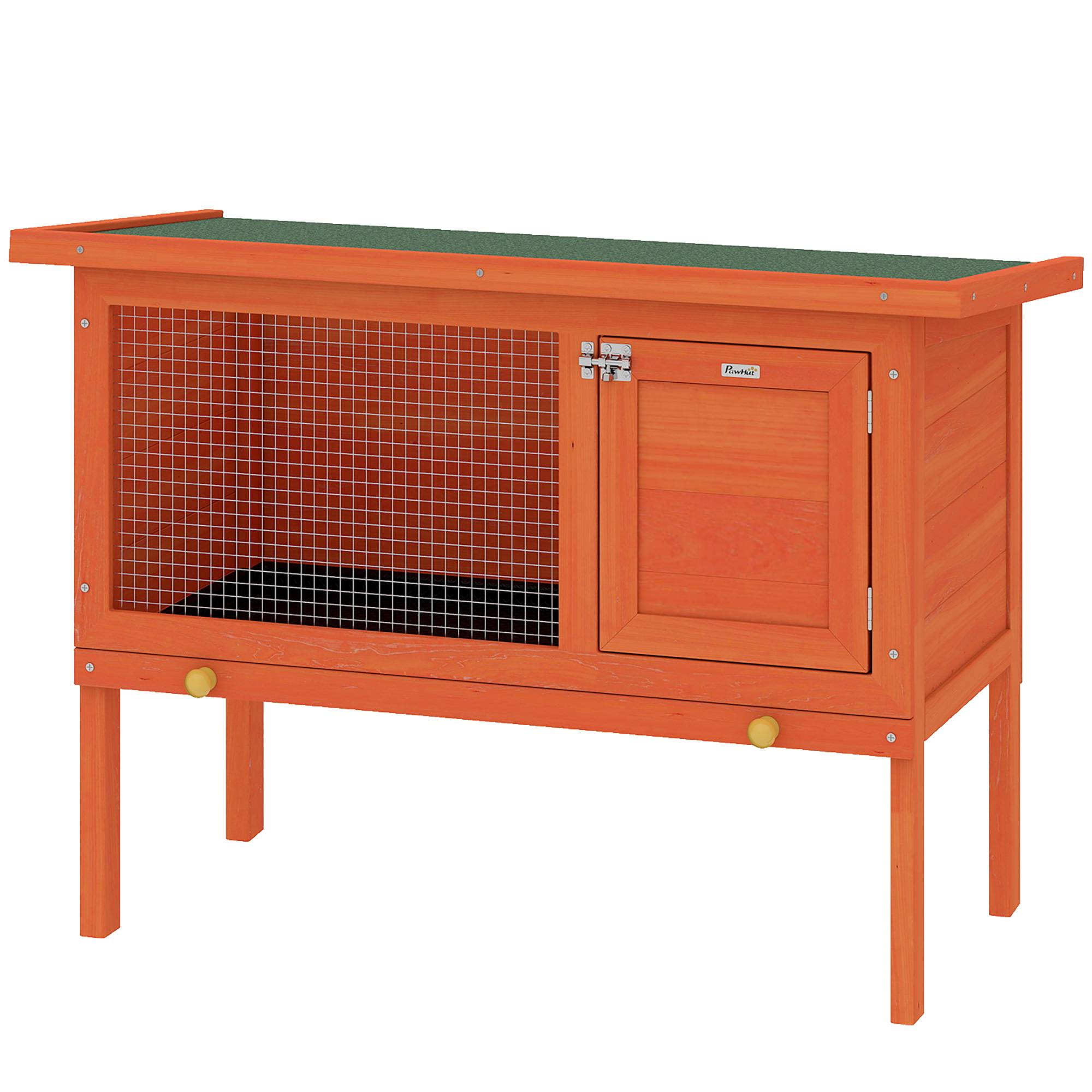 Clapier Lapin Extérieur en Bois, Toit Ouvrable en Asphalt et Plateau Coulissant, Design Surélevé, 90x45x65cm, Orange - Image 2
