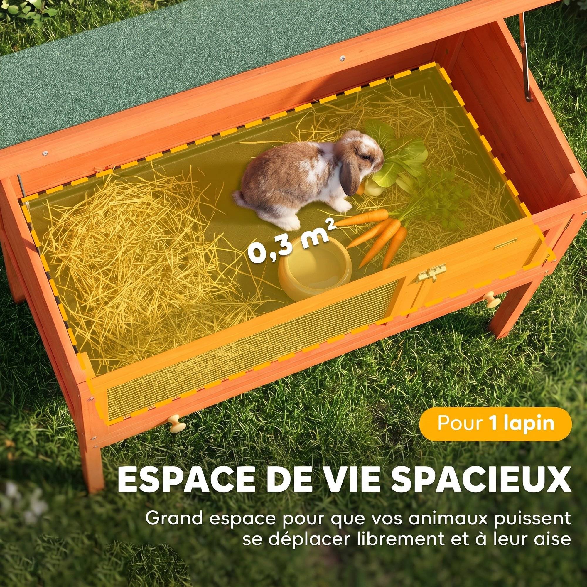 Clapier Lapin Extérieur en Bois, Toit Ouvrable en Asphalt et Plateau Coulissant, Design Surélevé, 90x45x65cm, Orange - Image 6