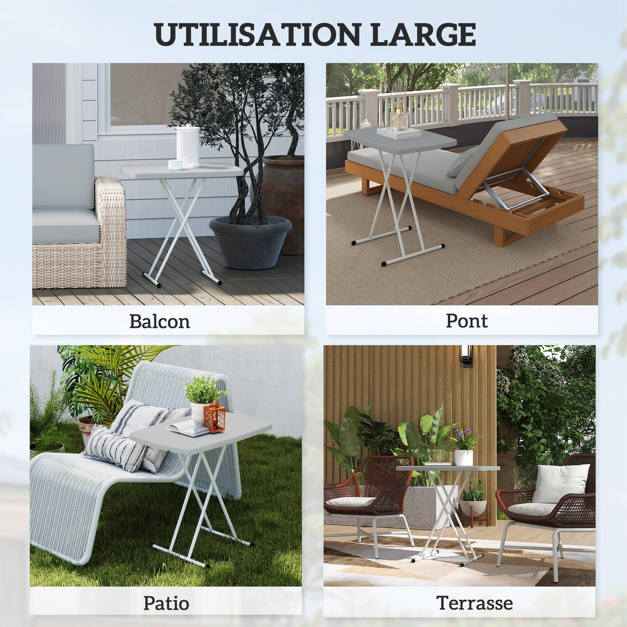 Sans Marque - Table d'appoint pliable en HDPE table pliante hauteur réglable sur 6 niveaux pour patios jardins 76 x 50 x 74 cm gris - Image 9