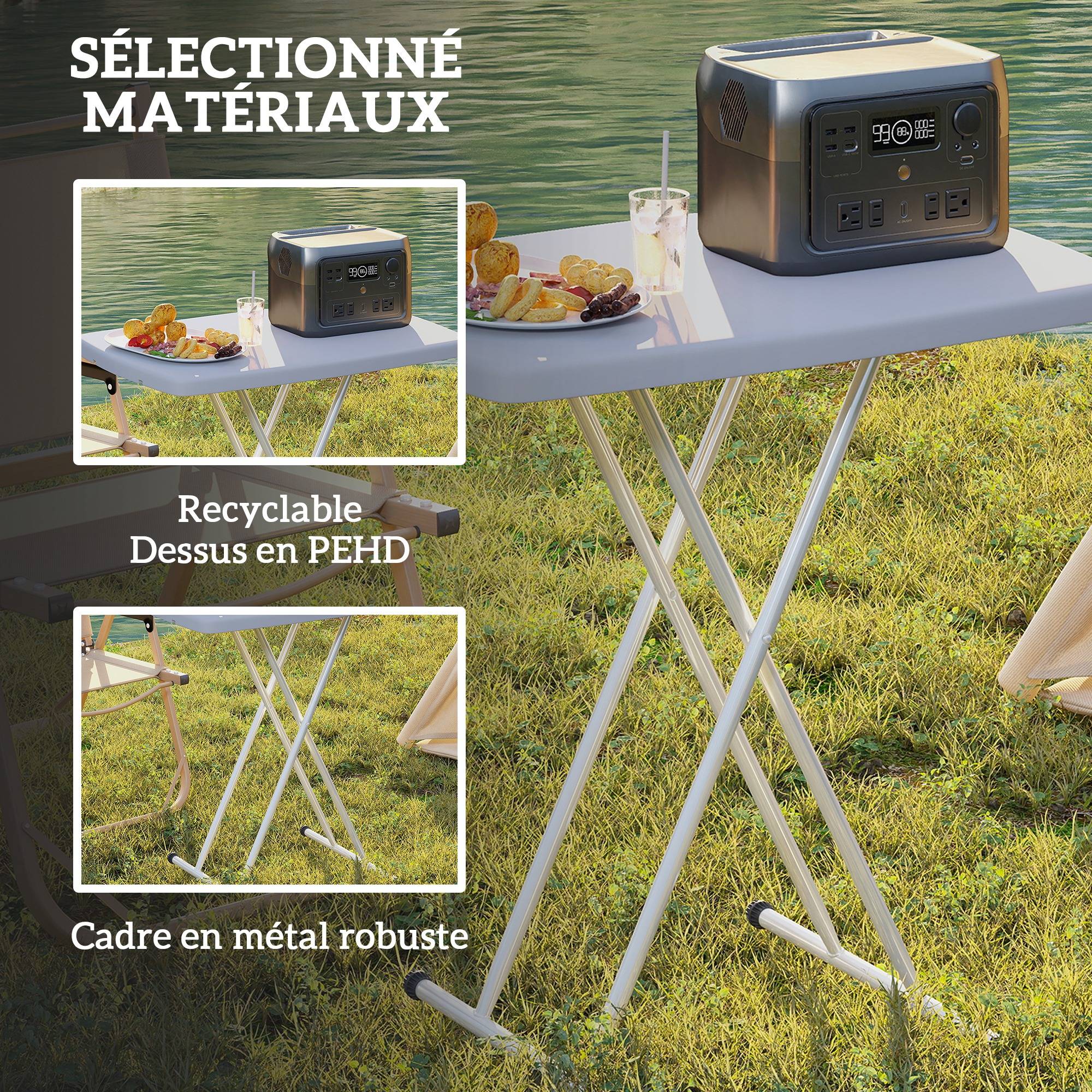 Sans Marque - Table d'appoint pliable en HDPE table pliante hauteur réglable sur 6 niveaux pour patios jardins 76 x 50 x 74 cm gris - Image 8