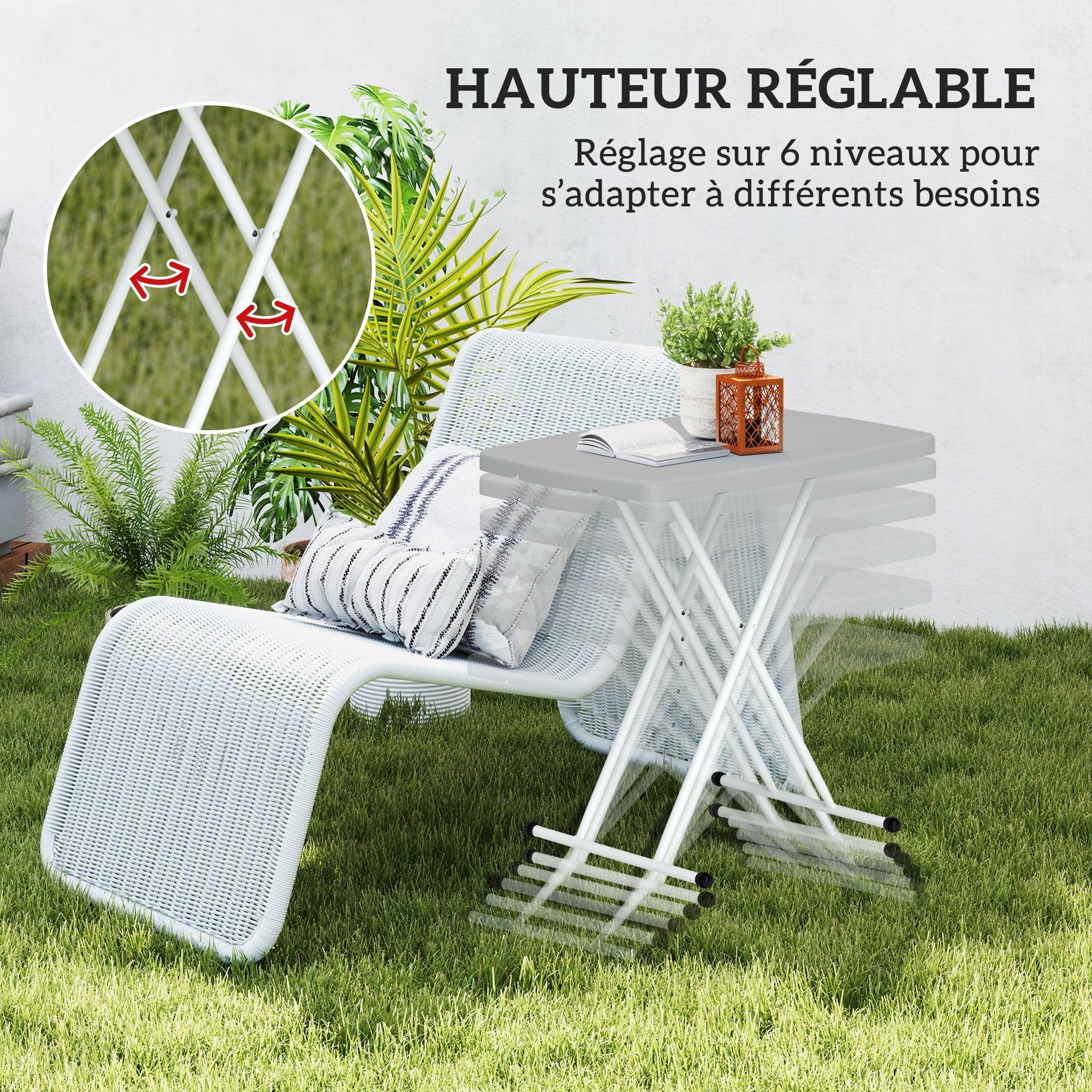 Sans Marque - Table d'appoint pliable en HDPE table pliante hauteur réglable sur 6 niveaux pour patios jardins 76 x 50 x 74 cm gris - Image 7