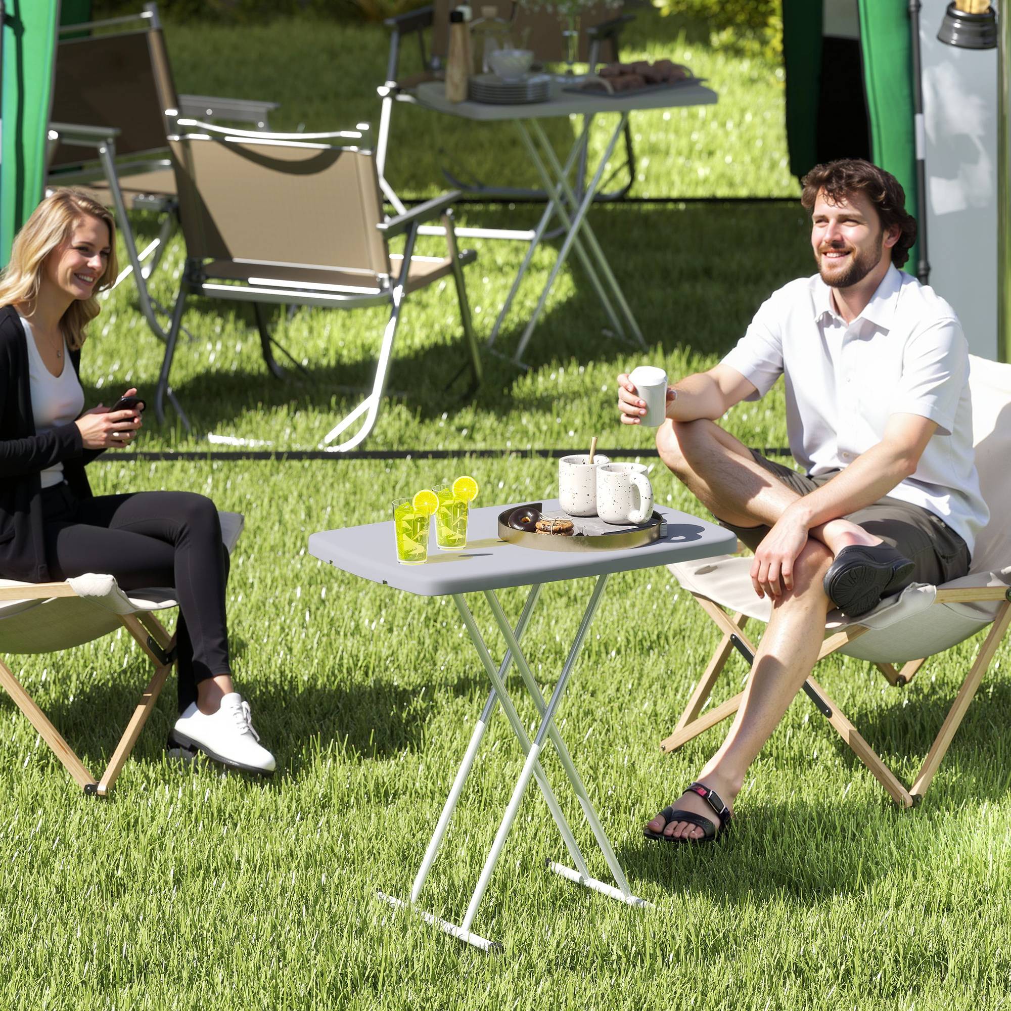 Sans Marque - Table d'appoint pliable en HDPE table pliante hauteur réglable sur 6 niveaux pour patios jardins 76 x 50 x 74 cm gris - Image 3