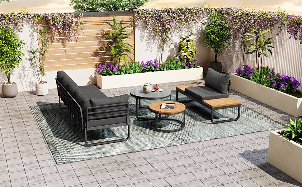 Salon de Jardin avec 2 Canapés 2 places 1 Fauteuil et 2 Tables Basses pour terrasse Gris - Image 9