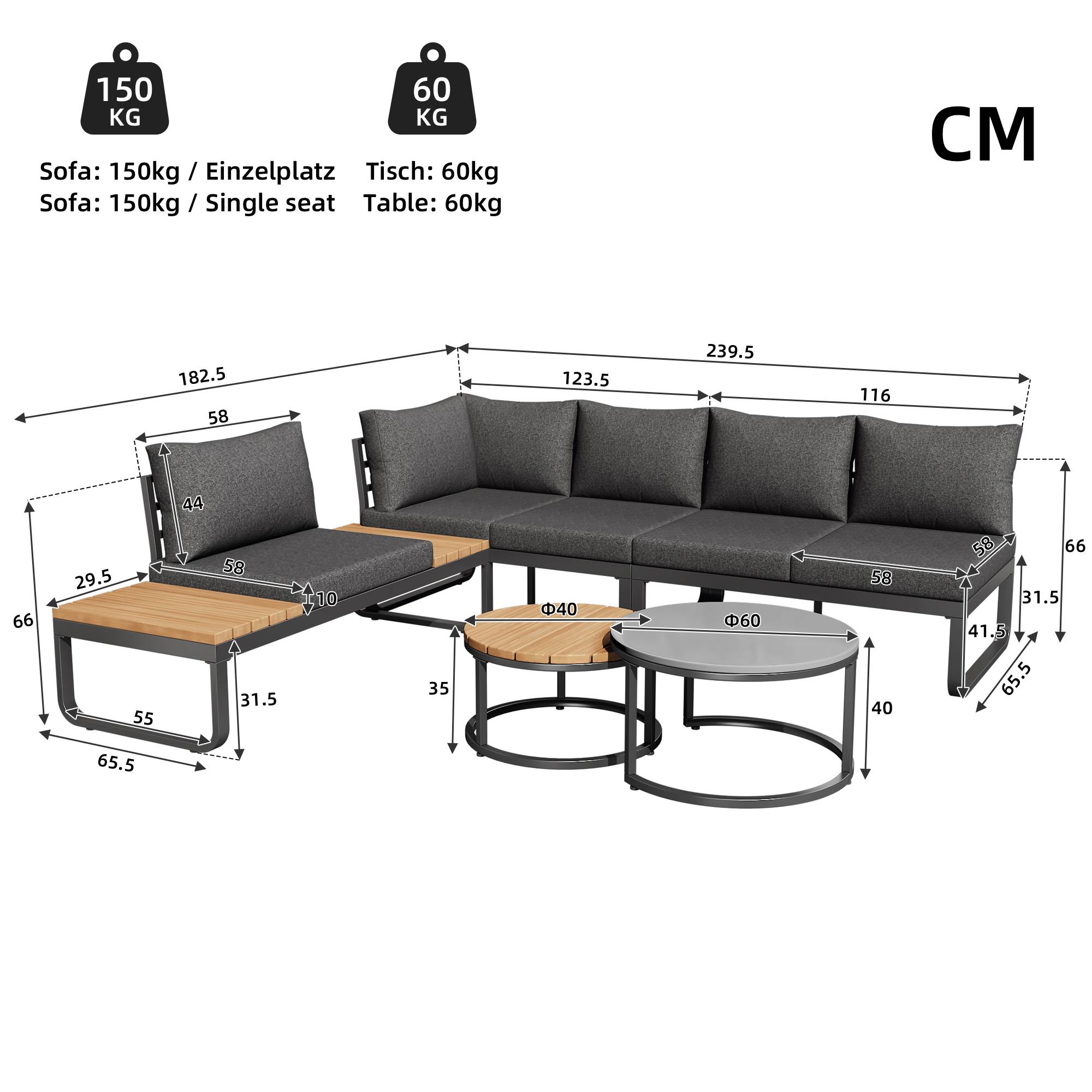 Salon de Jardin avec 2 Canapés 2 places 1 Fauteuil et 2 Tables Basses pour terrasse Gris - Image 5