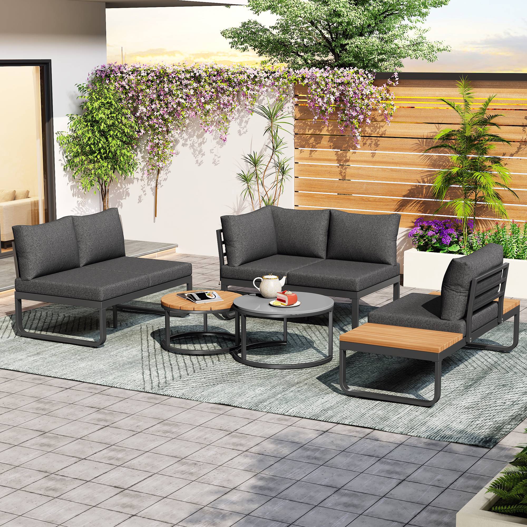 Salon de Jardin avec 2 Canapés 2 places 1 Fauteuil et 2 Tables Basses pour terrasse Gris - Image 3