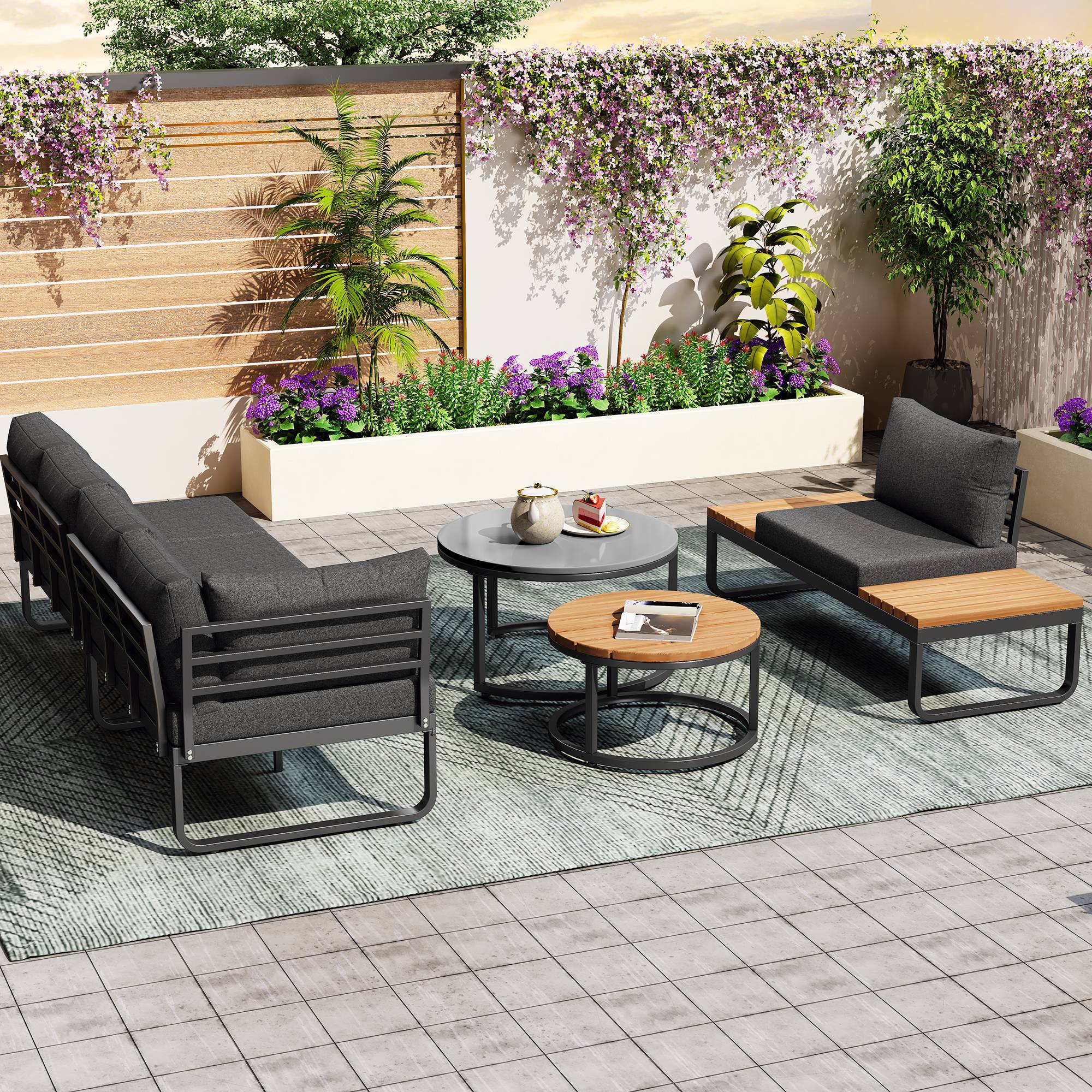 Salon de Jardin avec 2 Canapés 2 places 1 Fauteuil et 2 Tables Basses pour terrasse Gris - Image 4
