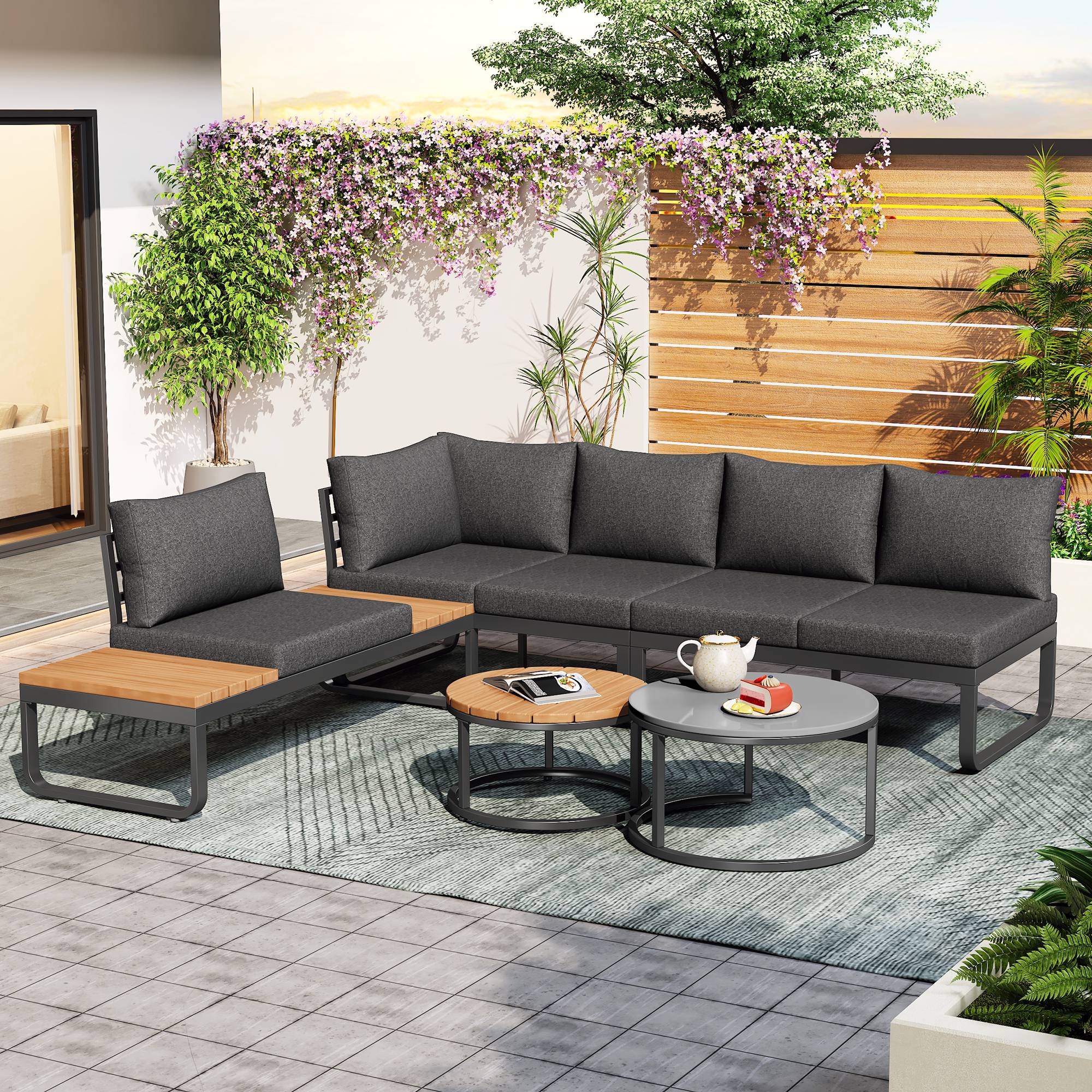 Salon de Jardin avec 2 Canapés 2 places 1 Fauteuil et 2 Tables Basses pour terrasse Gris - Image 2