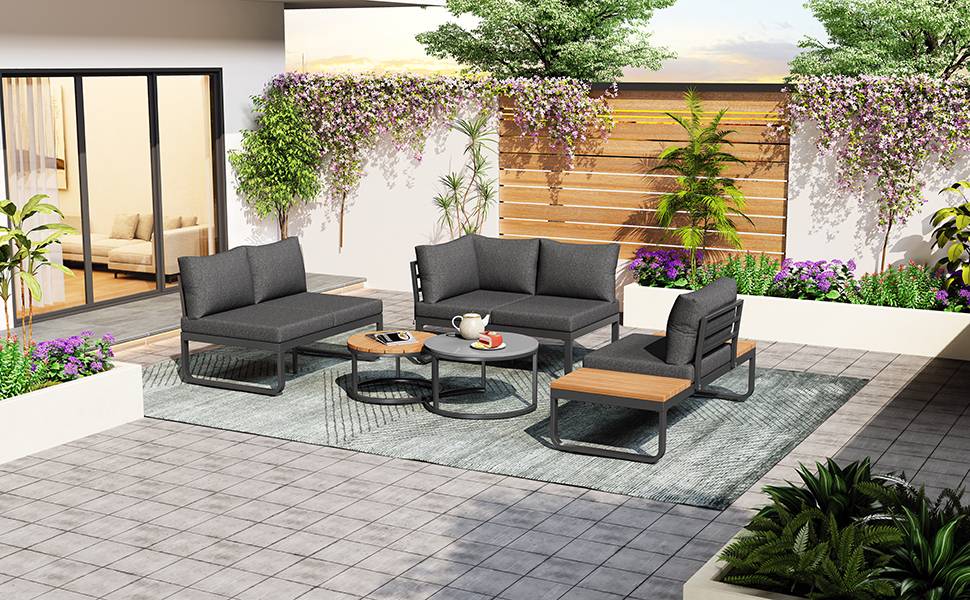 Salon de Jardin avec 2 Canapés 2 places 1 Fauteuil et 2 Tables Basses pour terrasse Gris - Image 10