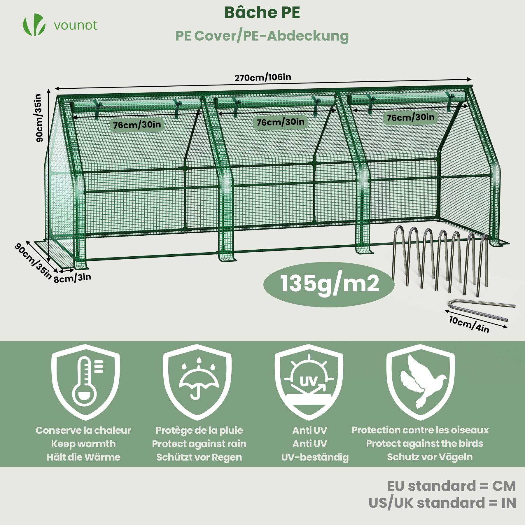 Mini Serre de jardin avec 3 portes enroulables bache PE renforcee 135g/m2 270x90x90cm Vert - Image 3
