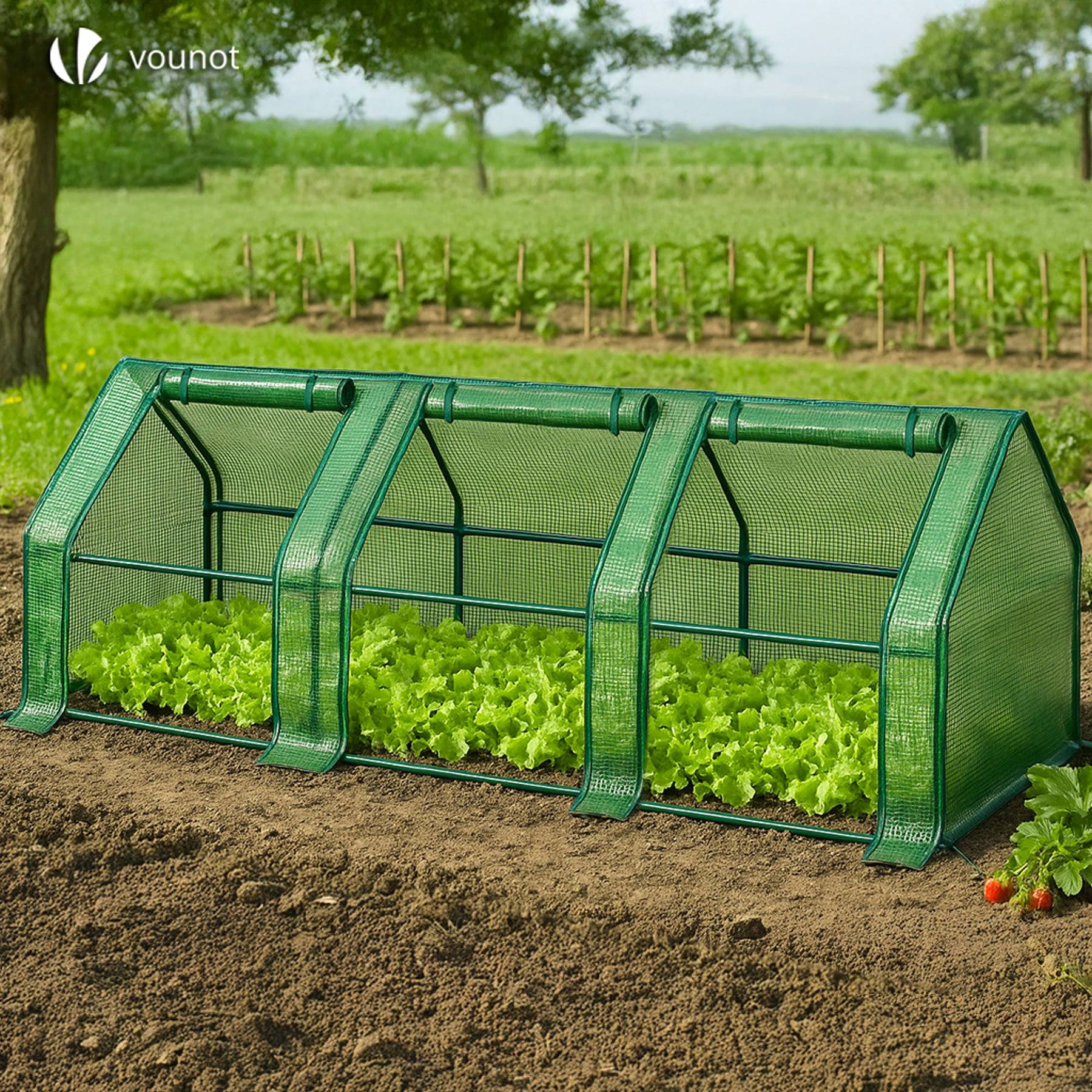 Mini Serre de jardin avec 3 portes enroulables bache PE renforcee 135g/m2 270x90x90cm Vert - Image 6