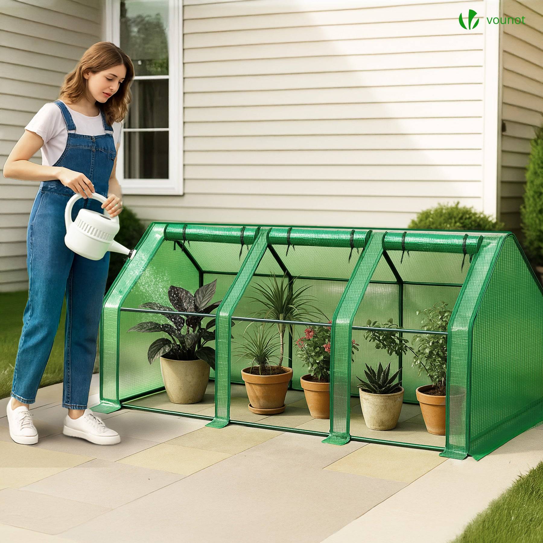 Mini Serre de jardin avec 3 portes enroulables bache PE renforcee 135g/m2 270x90x90cm Vert - Image 4