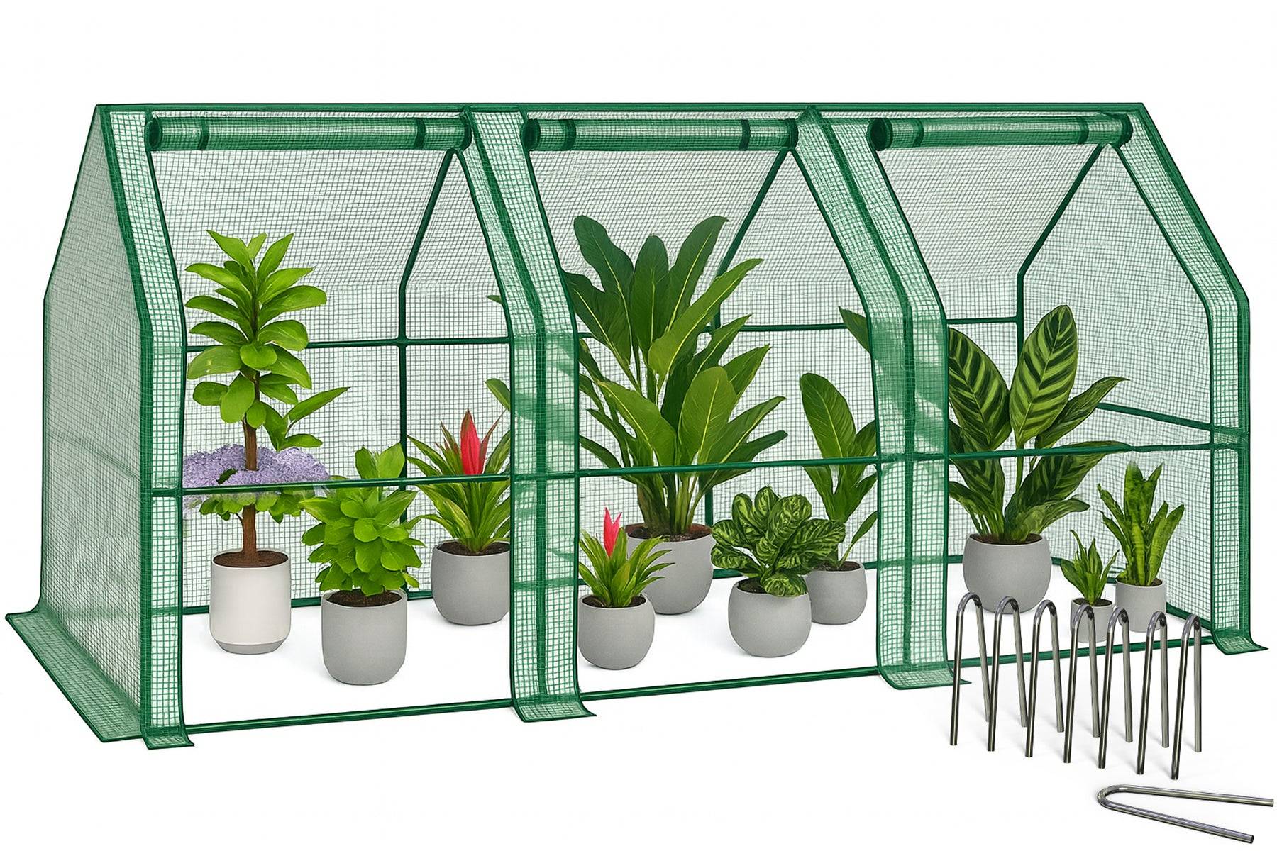 Mini Serre de jardin avec 3 portes enroulables bache PE renforcee 135g/m2 270x90x90cm Vert - Image 1