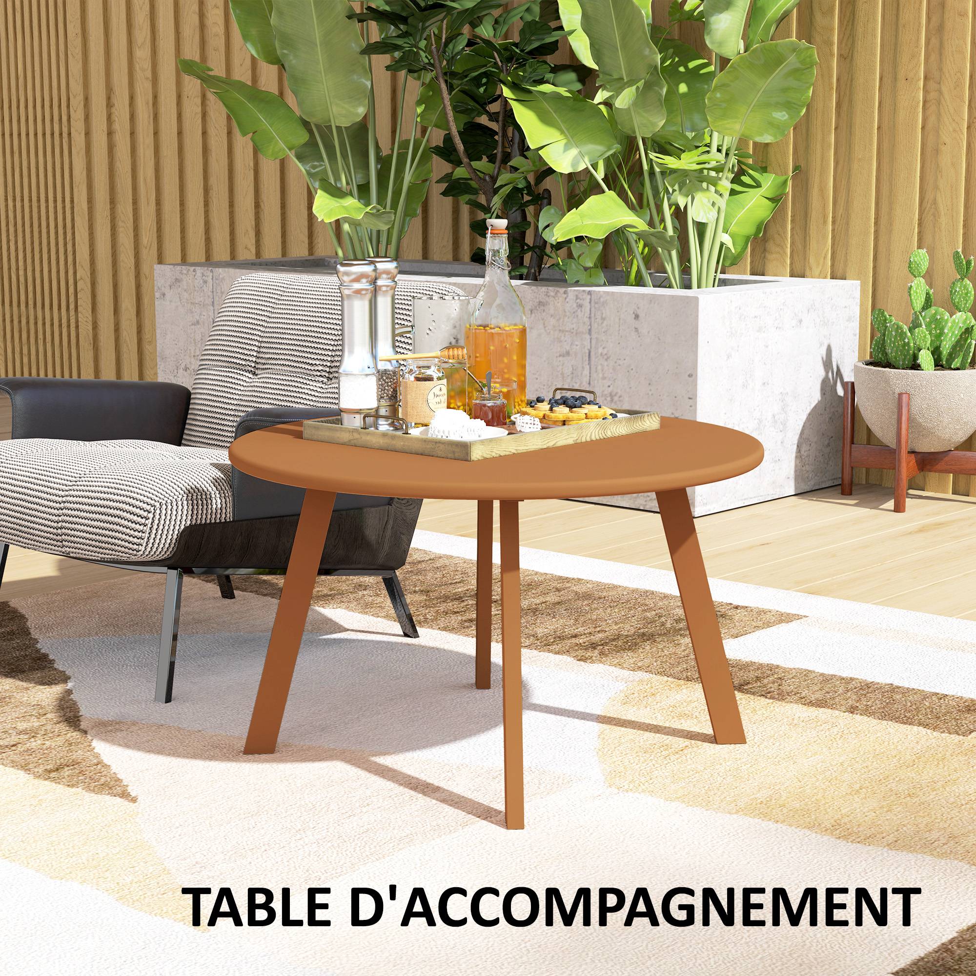 Petite table basse ronde, table d'appoint avec patins antidérapants, cadre en métal, pour jardin, Ø 70 x 42 cm, orange - Image 10