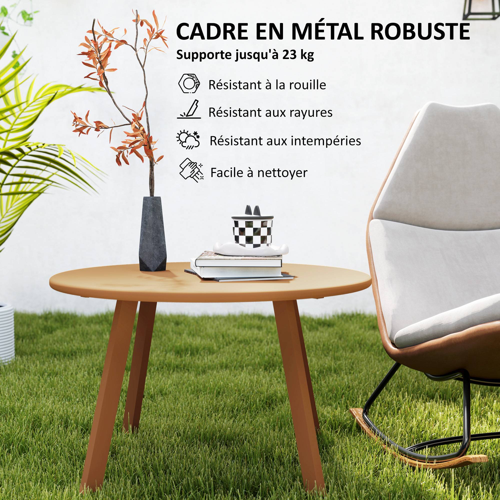 Petite table basse ronde, table d'appoint avec patins antidérapants, cadre en métal, pour jardin, Ø 70 x 42 cm, orange - Image 7