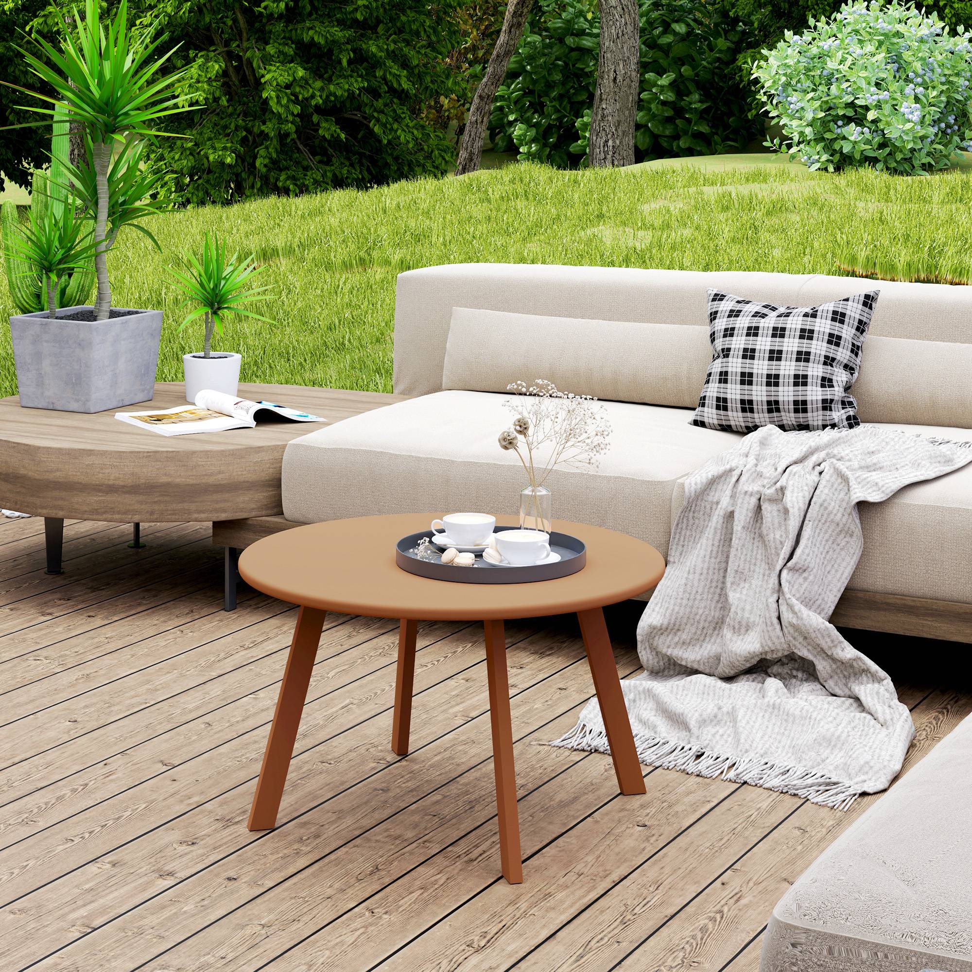 Petite table basse ronde, table d'appoint avec patins antidérapants, cadre en métal, pour jardin, Ø 70 x 42 cm, orange - Image 4