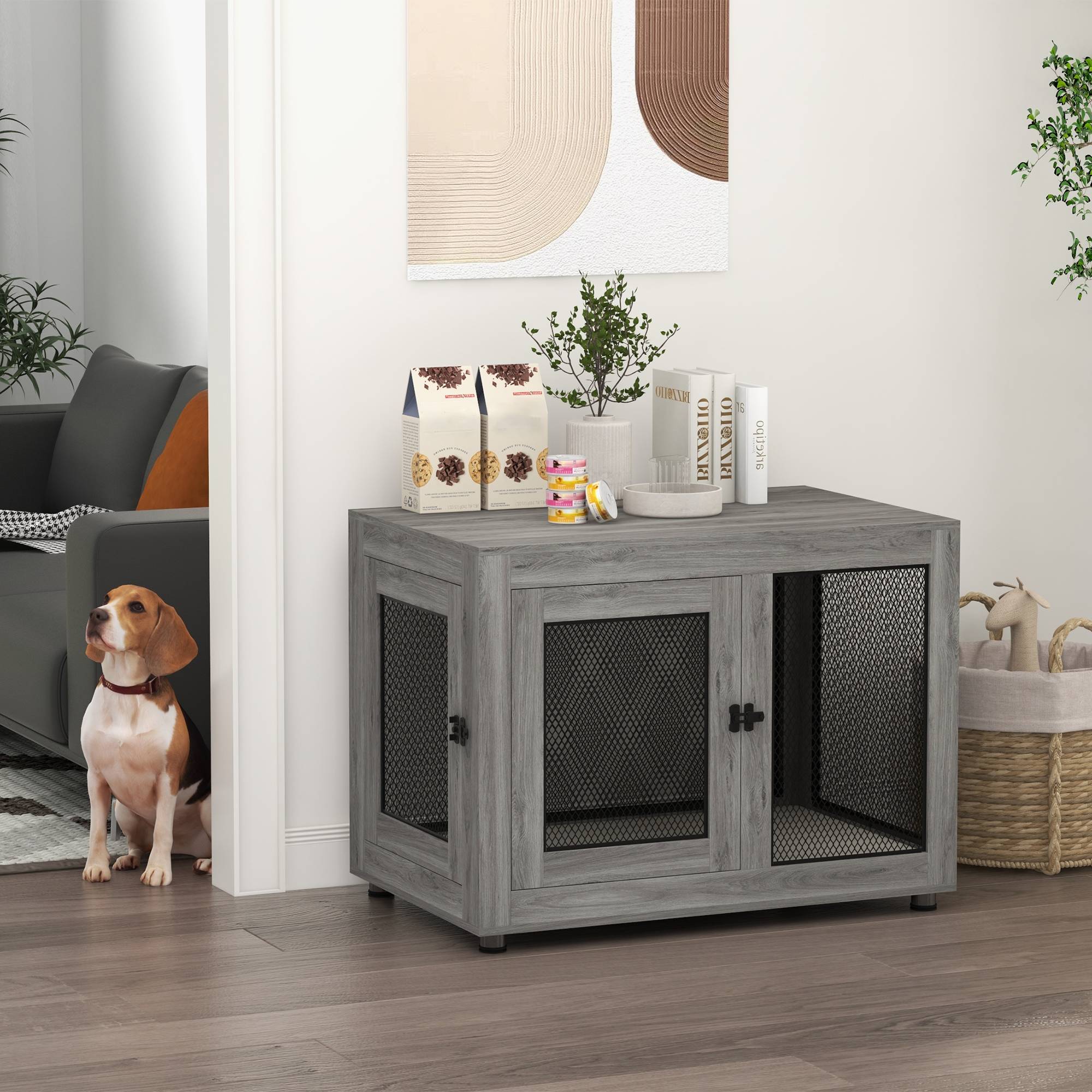 Caisse pour chiot avec étagère, coussin hydrofuge, grille acier, pieds réglables,94x60x71,5cm - Image 3