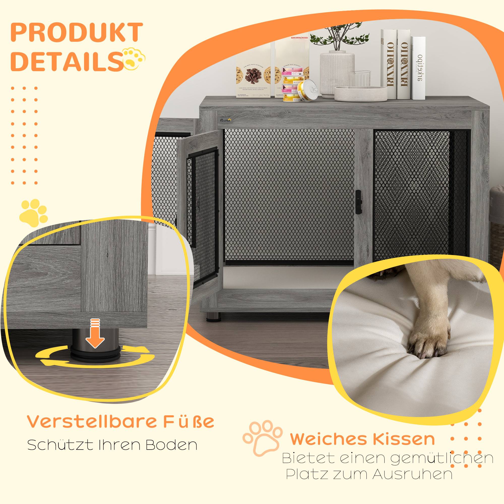 Caisse pour chiot avec étagère, coussin hydrofuge, grille acier, pieds réglables,94x60x71,5cm - Image 9
