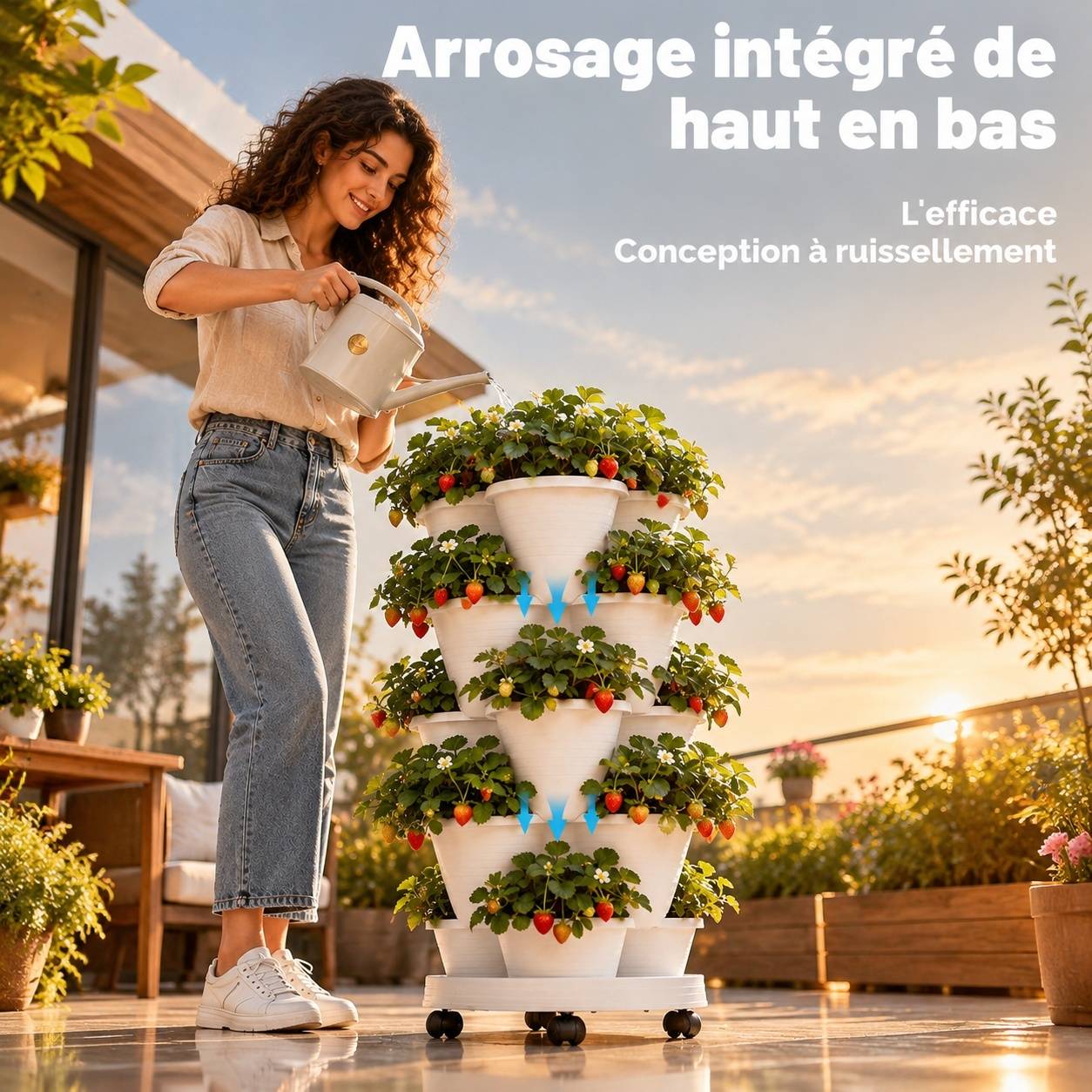 Jardinière Sur Pied 5 Niveaux Empilable Roulettes Bloquables Blanche - Image 3
