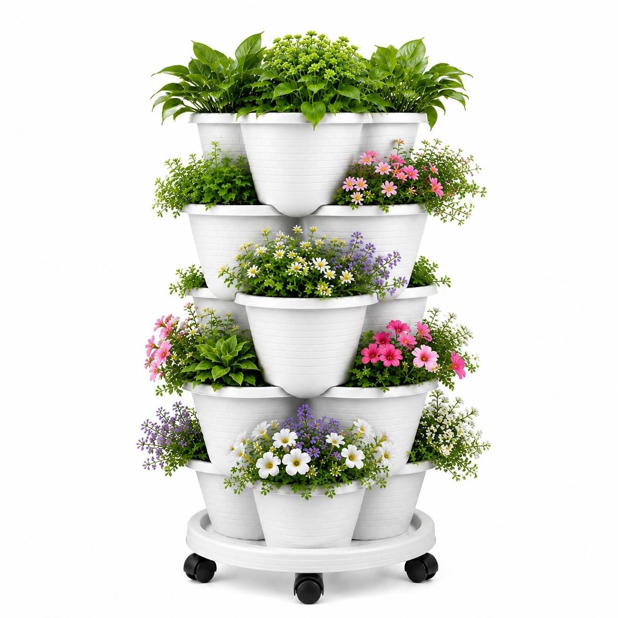 Jardinière Sur Pied 5 Niveaux Empilable Roulettes Bloquables Blanche - Image 1