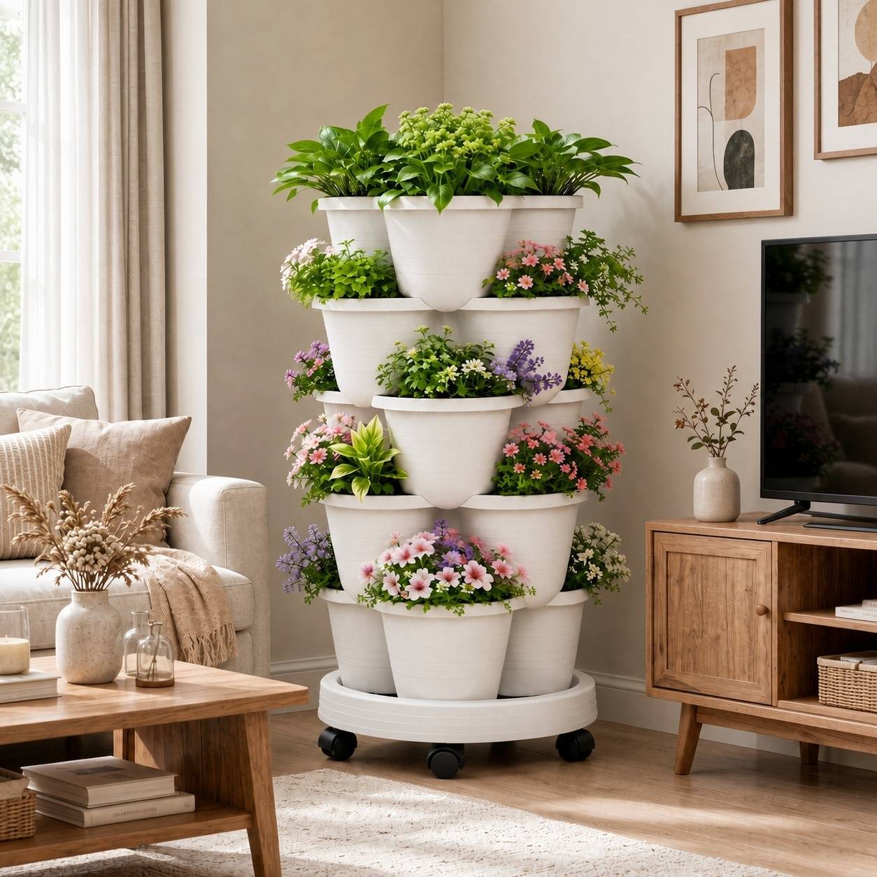 Jardinière Sur Pied 5 Niveaux Empilable Roulettes Bloquables Blanche - Image 8