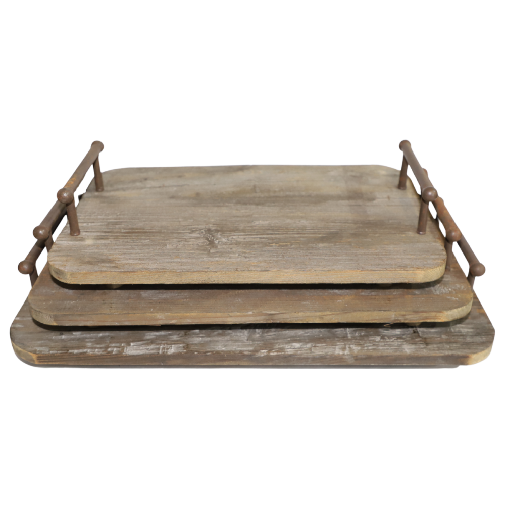 Set de 3 plateaux en bois et métal marron L.57-50-45 cm Chemin de campagne - Image 1