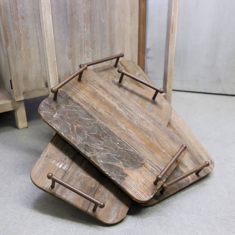 Set de 3 plateaux en bois et métal marron L.57-50-45 cm Chemin de campagne - Image 2