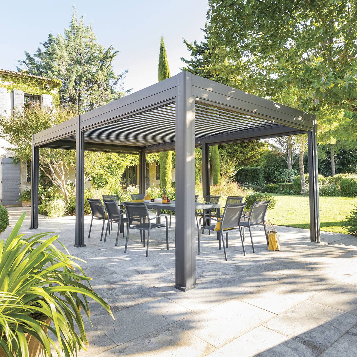 Hesperide - Pergola bioclimatique  "Evora" grand modèle 6x3,6m en aluminium traité époxy Graphite - Hespéride - Image 1