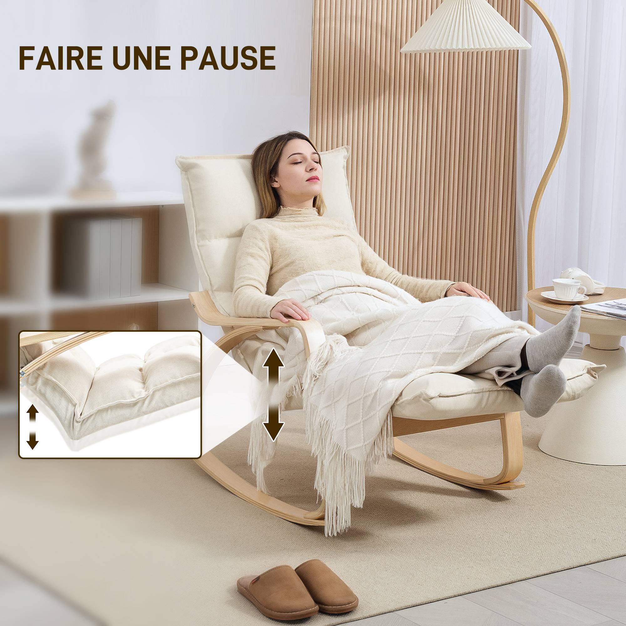 Sans Marque - Fauteuil à bascule avec repose-pieds ajustable, rocking chair avec pieds en bois de bouleau, 67 x 106-123 x 92 cm, crème - Image 6