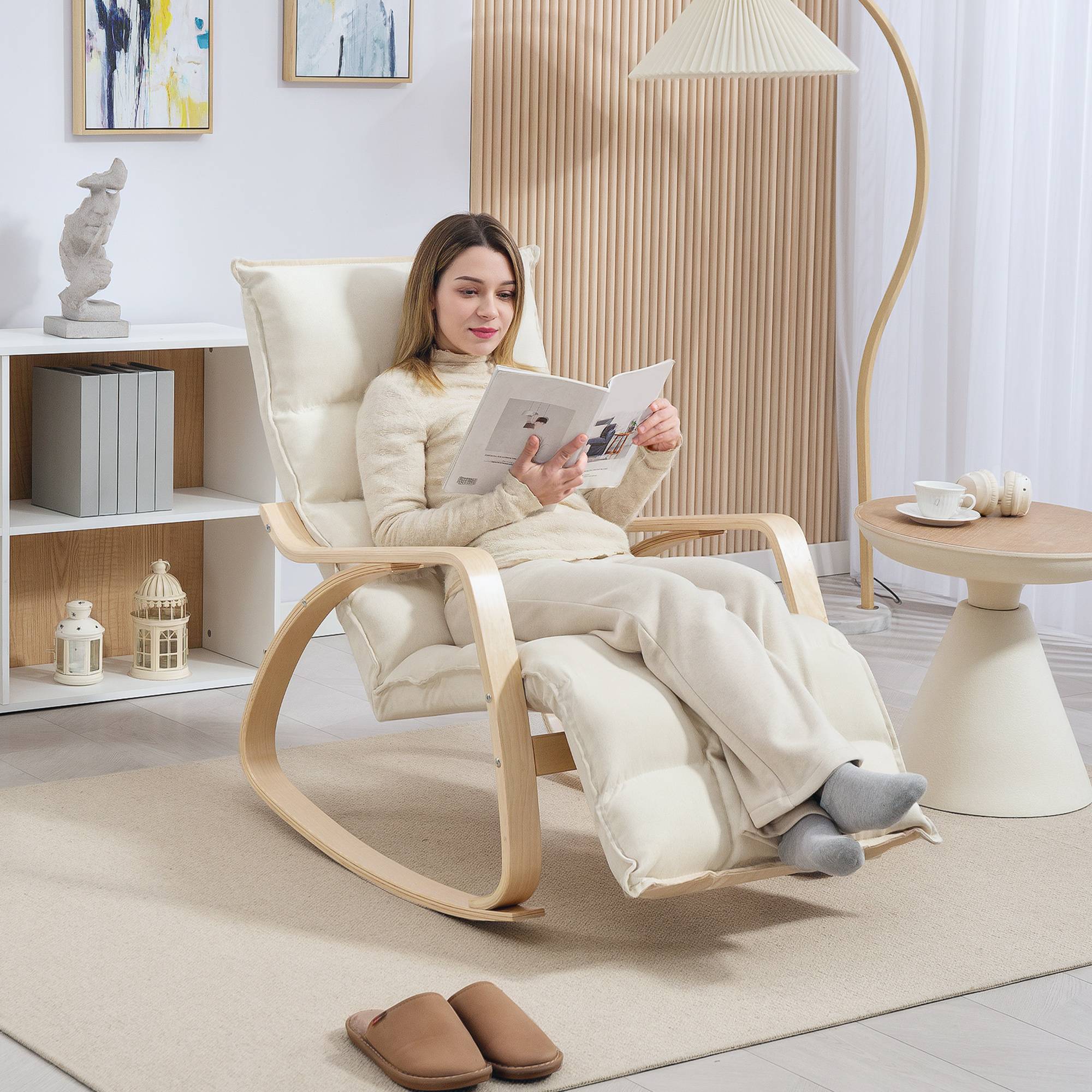 Sans Marque - Fauteuil à bascule avec repose-pieds ajustable, rocking chair avec pieds en bois de bouleau, 67 x 106-123 x 92 cm, crème - Image 3
