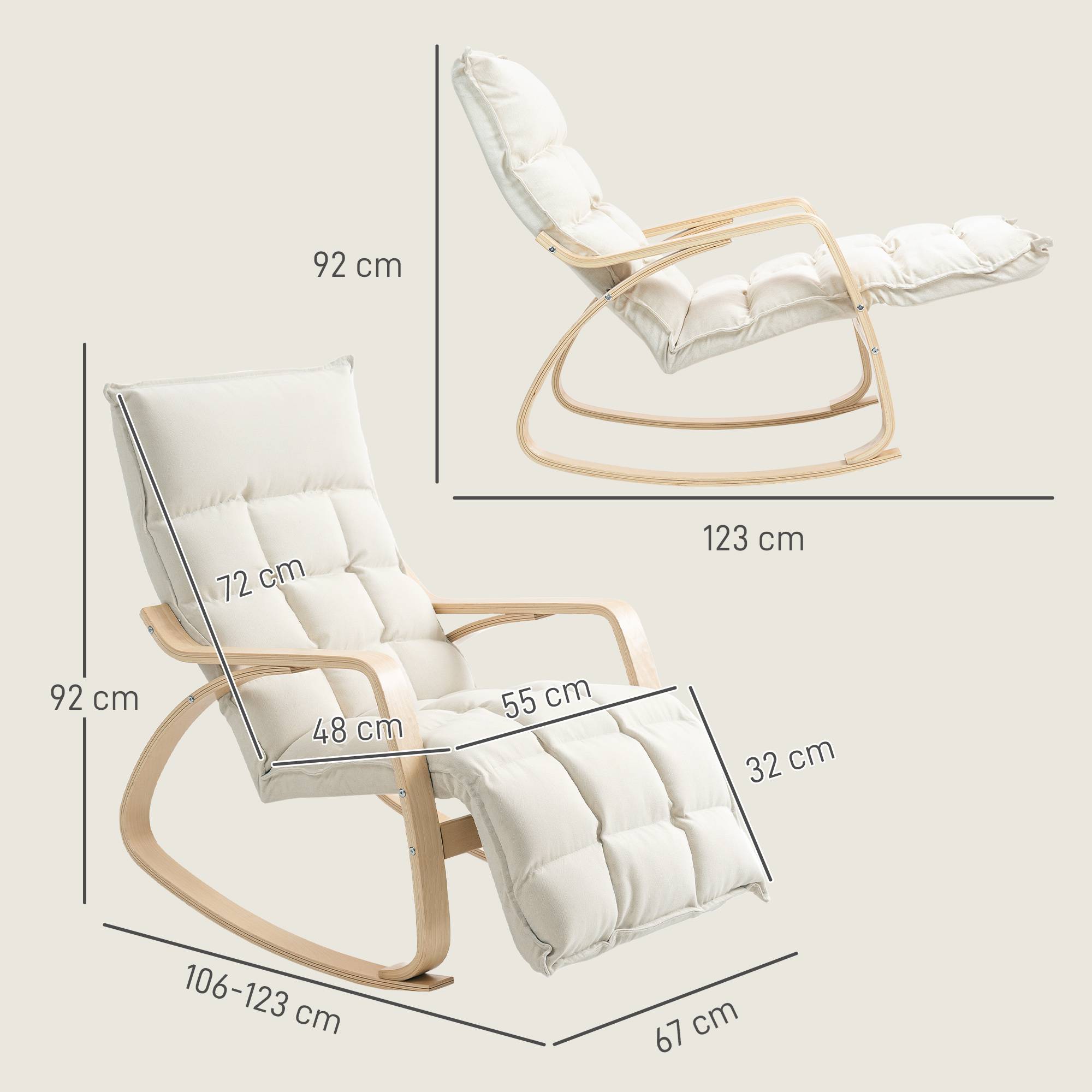 Sans Marque - Fauteuil à bascule avec repose-pieds ajustable, rocking chair avec pieds en bois de bouleau, 67 x 106-123 x 92 cm, crème - Image 5