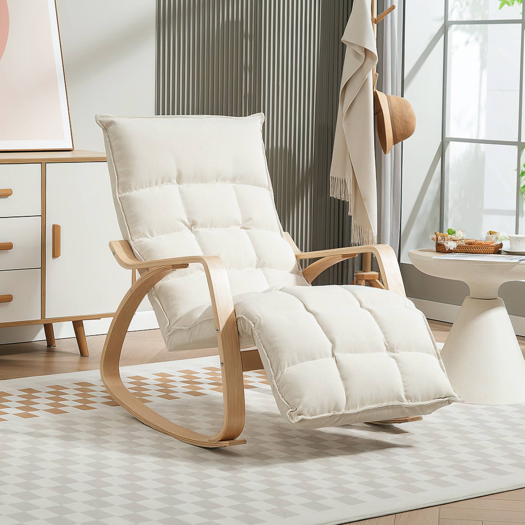 Sans Marque - Fauteuil à bascule avec repose-pieds ajustable, rocking chair avec pieds en bois de bouleau, 67 x 106-123 x 92 cm, crème - Image 4