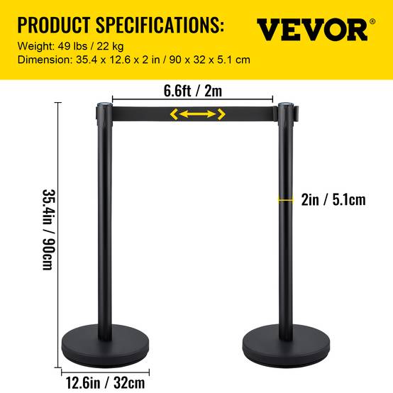 Vevor - VEVOR Poteaux guidage (4pcs) avec 2m ceinture noire rétractable, acier inox, pour file d'attente, contrôle foule. - Image 7