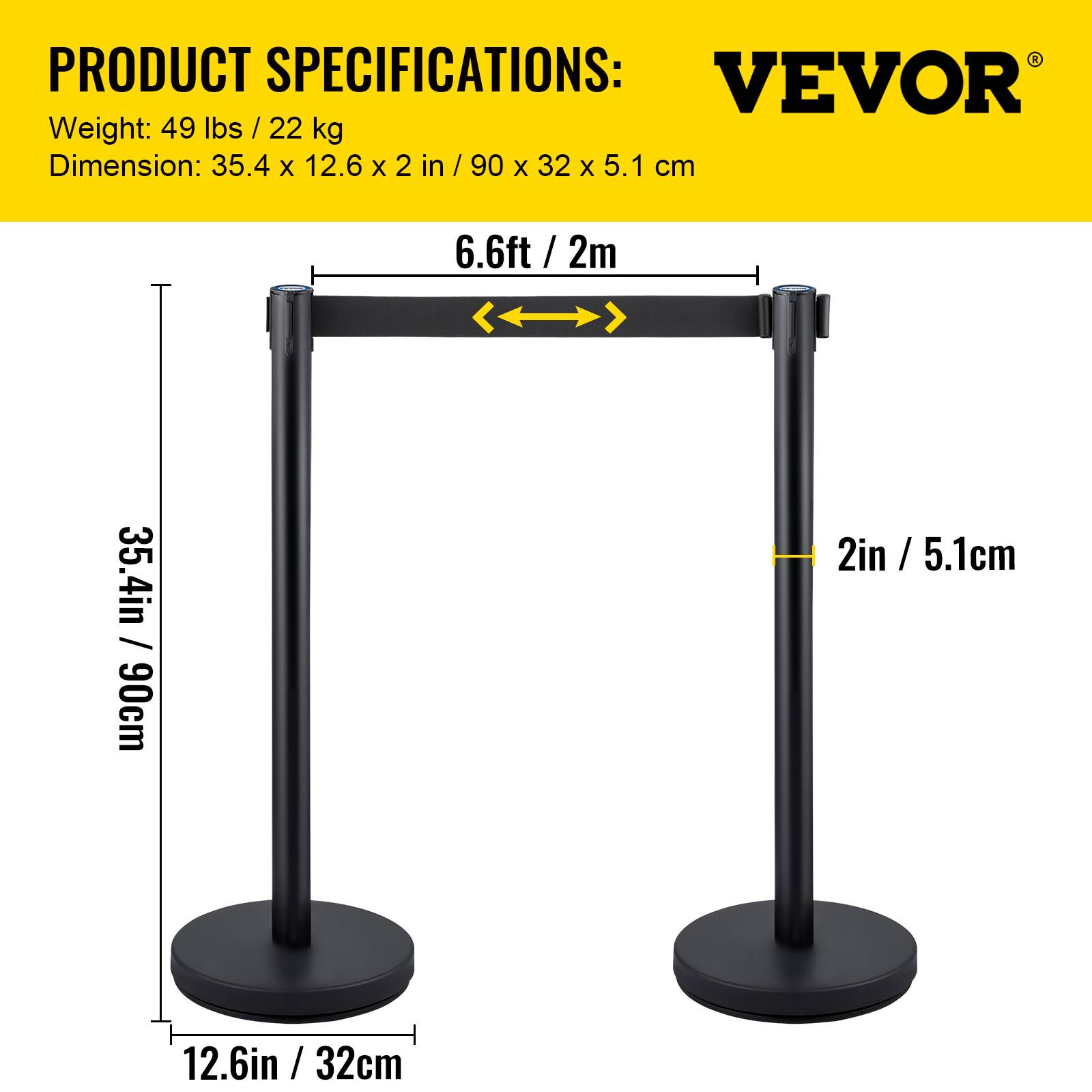 Vevor - VEVOR Poteaux guidage (4pcs) avec 2m ceinture noire rétractable, acier inox, pour file d'attente, contrôle foule. - Image 7