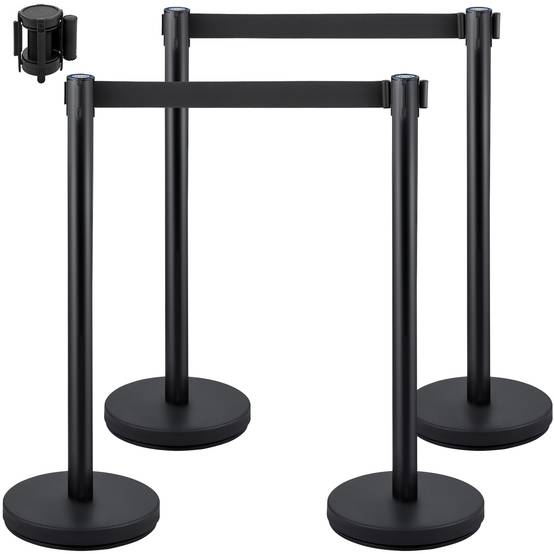 Vevor - VEVOR Poteaux guidage (4pcs) avec 2m ceinture noire rétractable, acier inox, pour file d'attente, contrôle foule. - Image 1