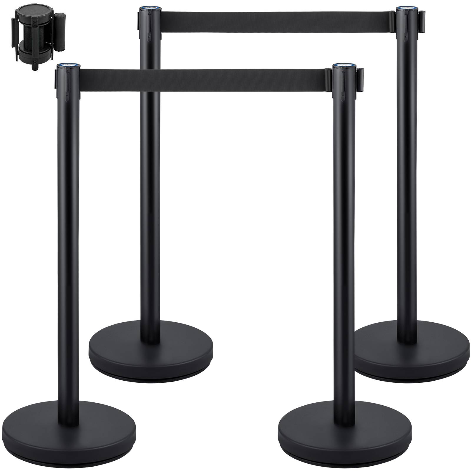Vevor - VEVOR Poteaux guidage (4pcs) avec 2m ceinture noire rétractable, acier inox, pour file d'attente, contrôle foule. - Image 1