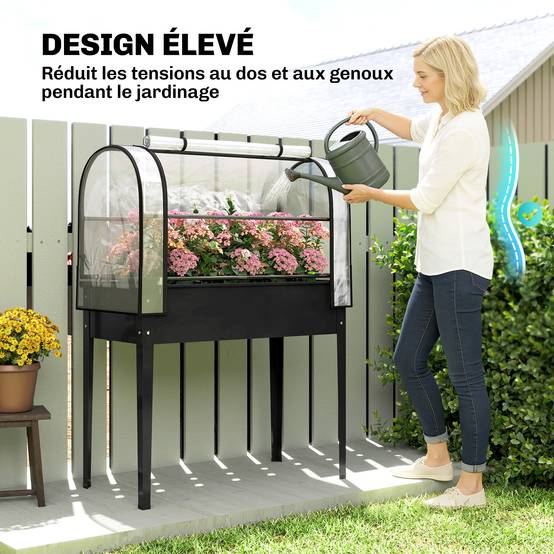 Potager sur pieds métal avec serre de protection amovible 100x49x136cm noir - ComfortXL Outdoor Living - Image 9