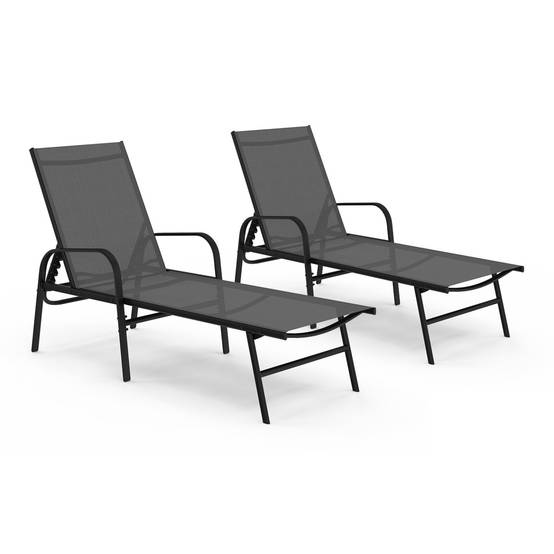 Lot de 2 transats de jardin inclinables FIDJI en acier noir et toile gris anthracite - Image 2