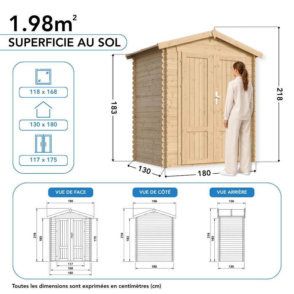 Timbela - Abri de jardin en bois I196xL136xH218 cm / 1.98 m² - Stockage extérieur - Petit abri à outils, Local à vélos - 19 mm d’épaisseur - Timbela M367F1 - Image 8