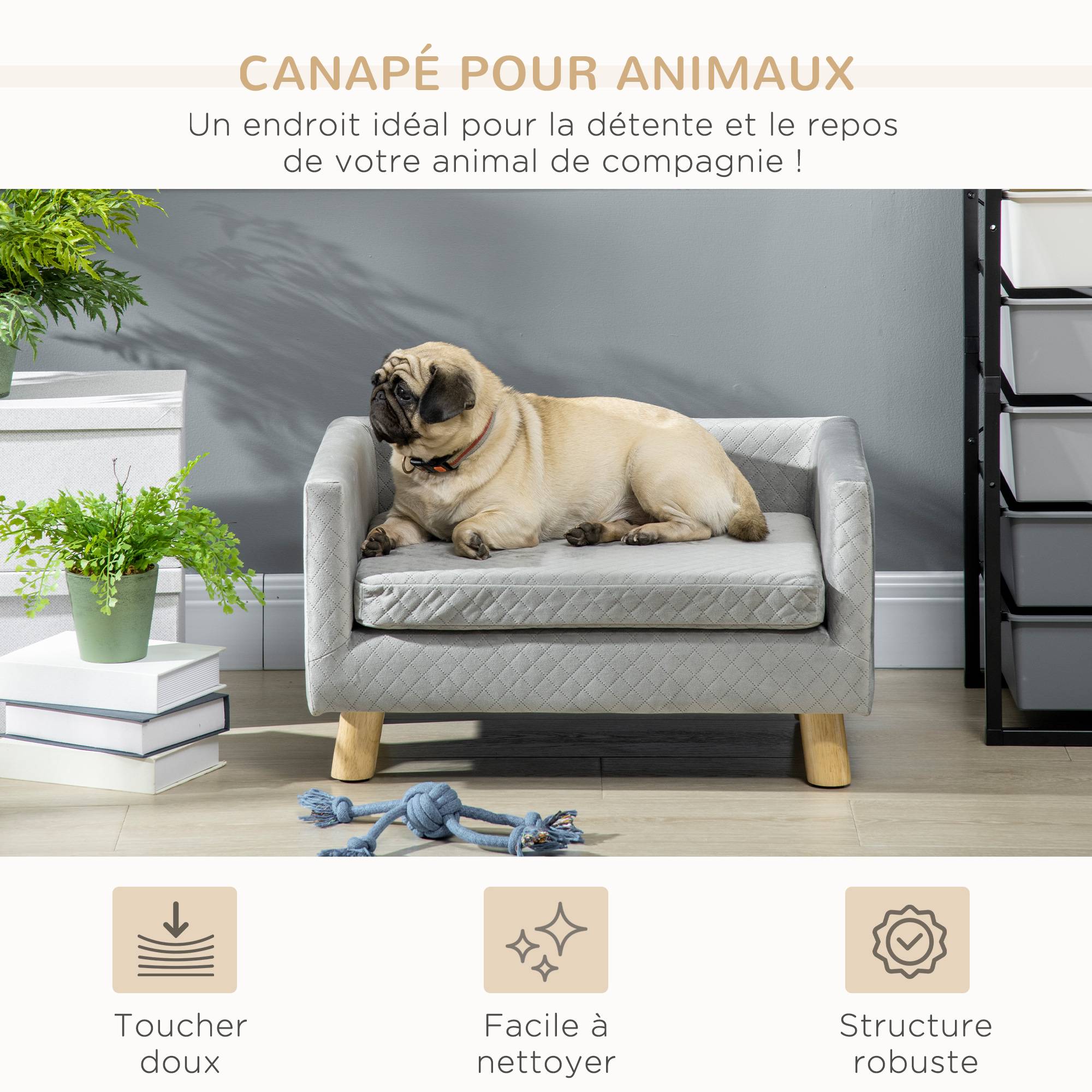 Canapé chien lit pour chien design scandinave coussin moelleux pieds bois massif dim. 64 x 45 x 36 cm velours gris - Image 6