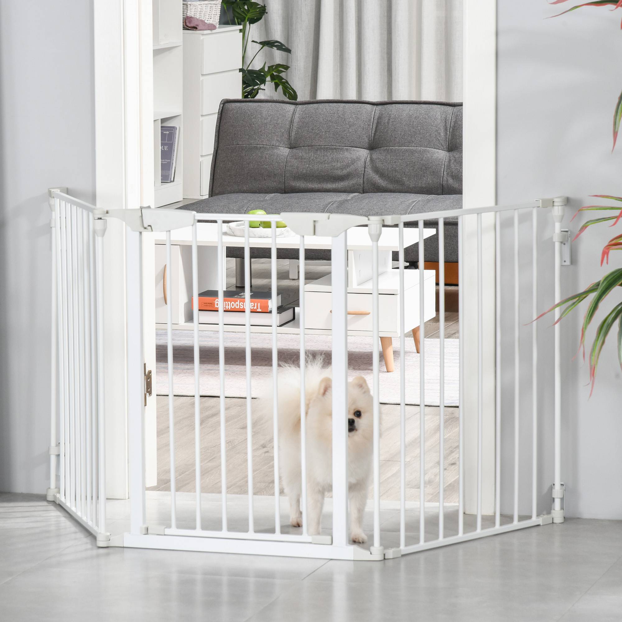 Barrière Sécurité Chien Métal Pliable 3 Panneaux Protection Escalier Cheminée 180cm Blanc - ComfortXL Pet Living - Image 1