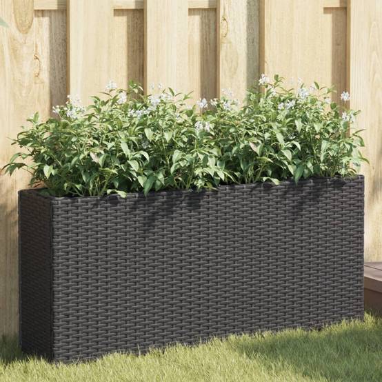 Jardinière | Pot de fleurs | Cache-pot | Bac à fleurs avec 2 pots noir 90x20x40 cm résine tressée - Image 2